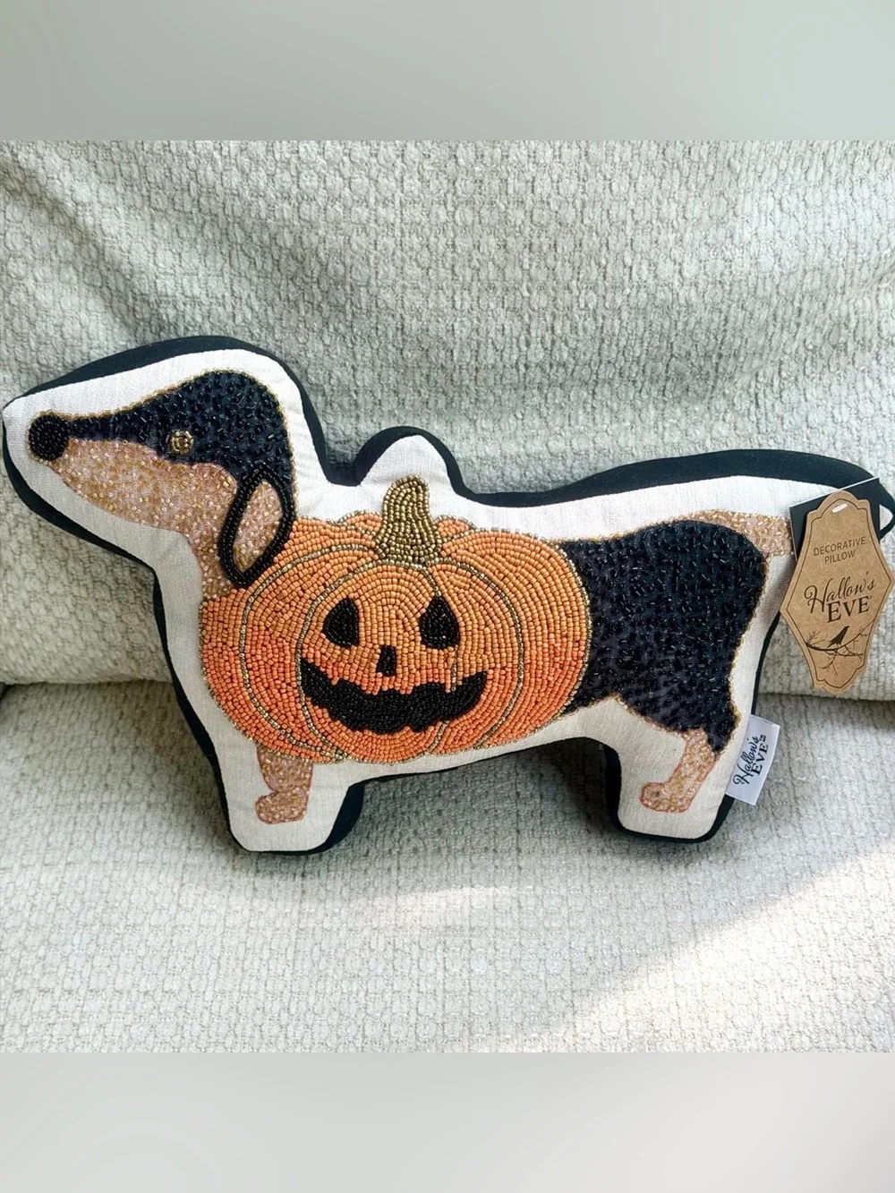 Beaded Dachshund Halloween Pumpkin Pillow